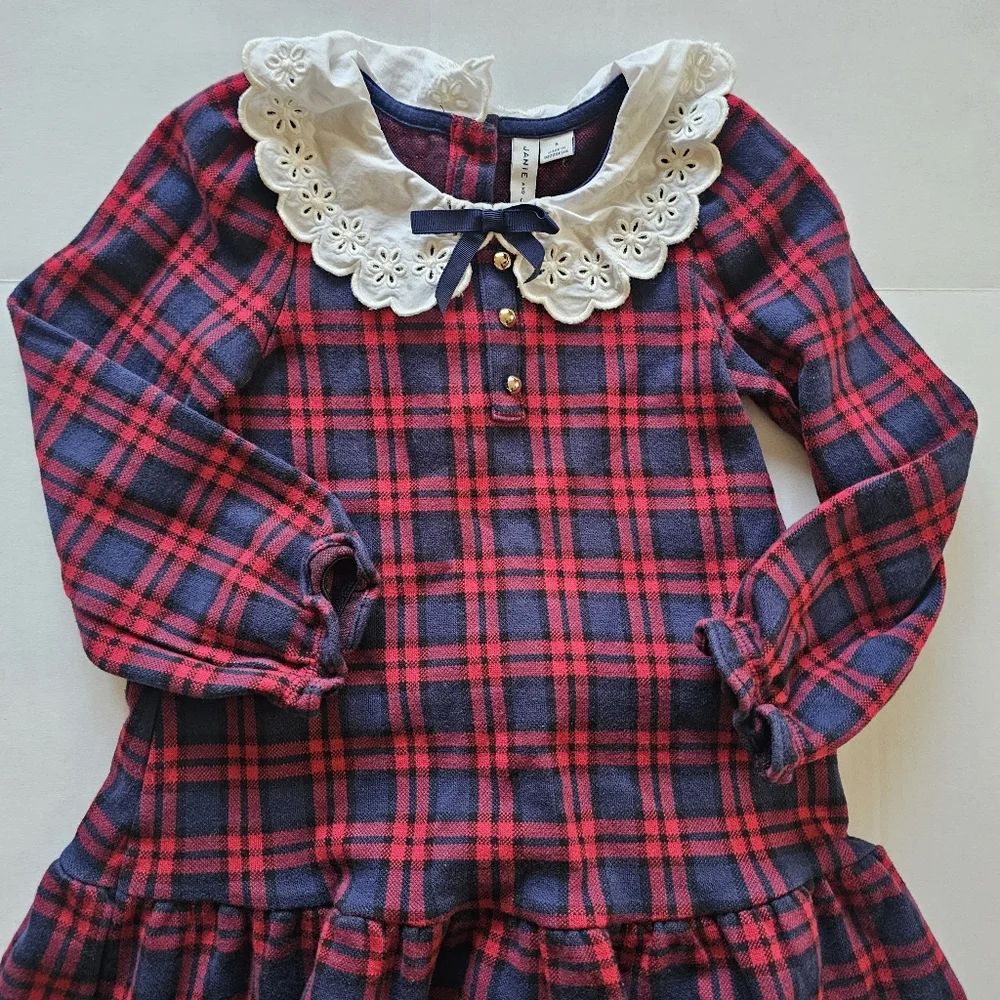 Janie and Jack 2in1 Tartan Plaid Drop Waist Eyelet Dress +Matching Leggings Sz 5